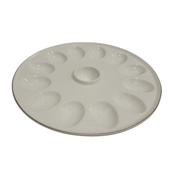 Williams Sonoma Devil Egg Ceramic Platter 12 Count White Gold Trim Serving Dish - Picture 5 of 7